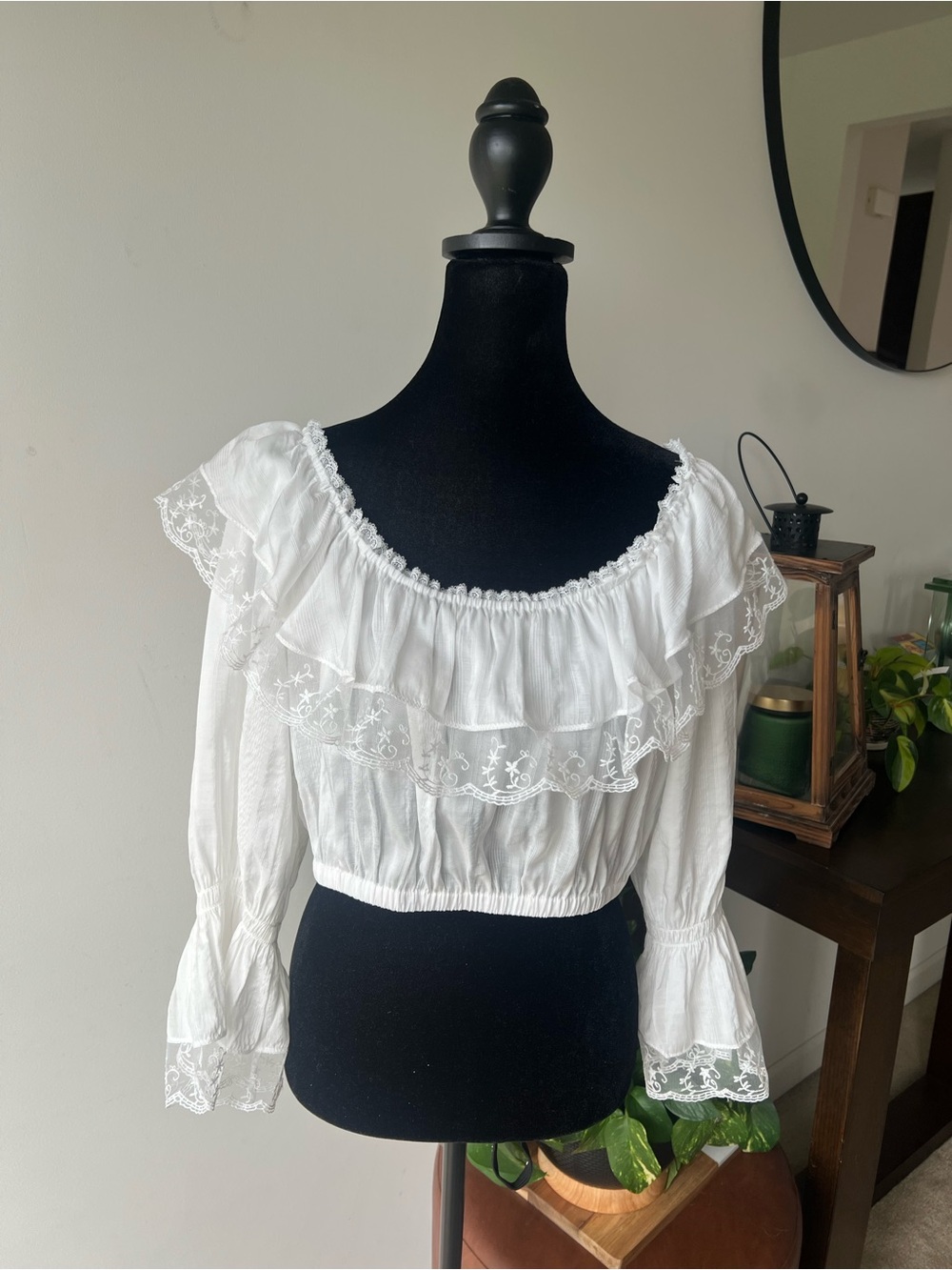 Reformation Elise White Off-Shoulder Ruffled Lace Blouse